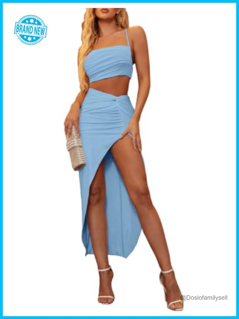 Women's Two Piece Skirt Set Milk Silk Crop Top High Slit Maxi Beach Vacation